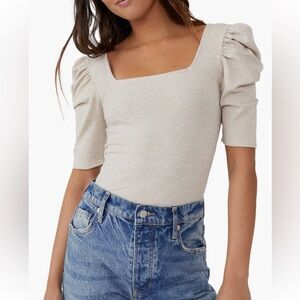 We The Free Beige Puff Sleeve Blouse